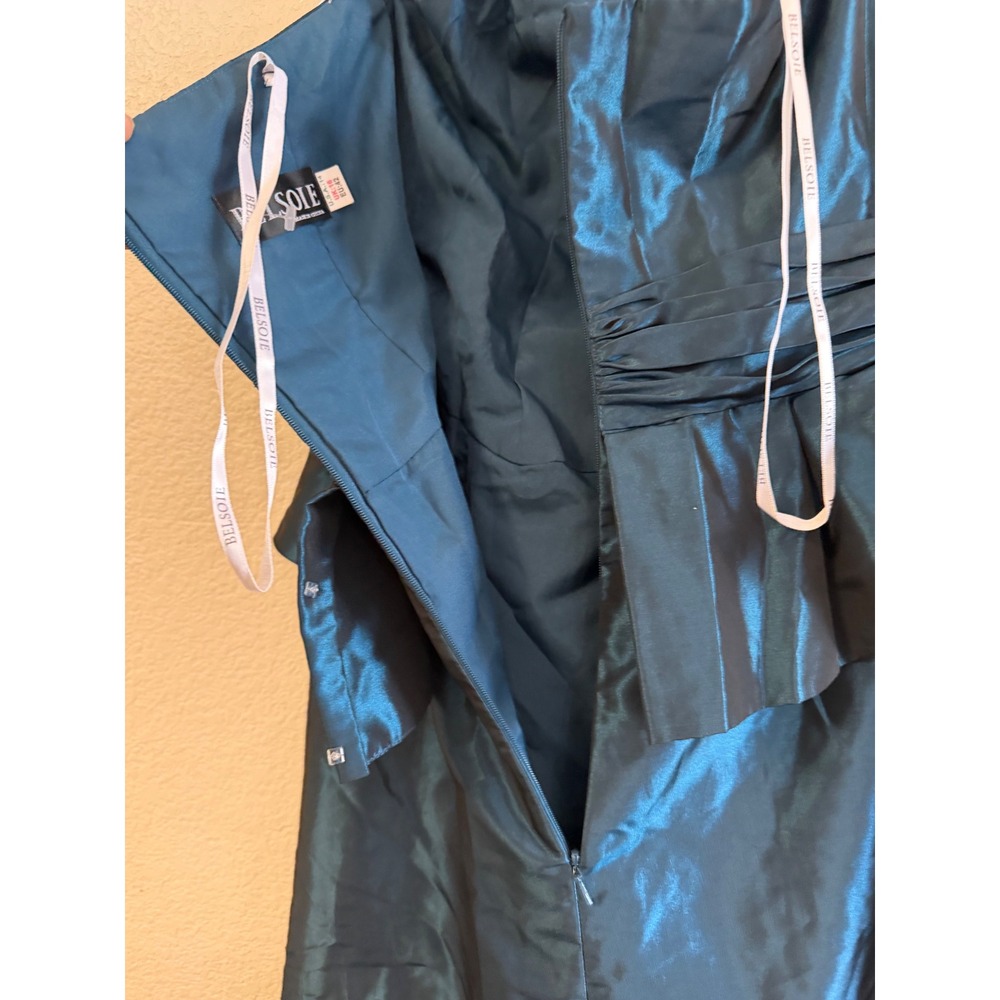 Belsoie Strapless Teal Satin Peplum Evening Gown Szโ 14 - Picture 6 of 11